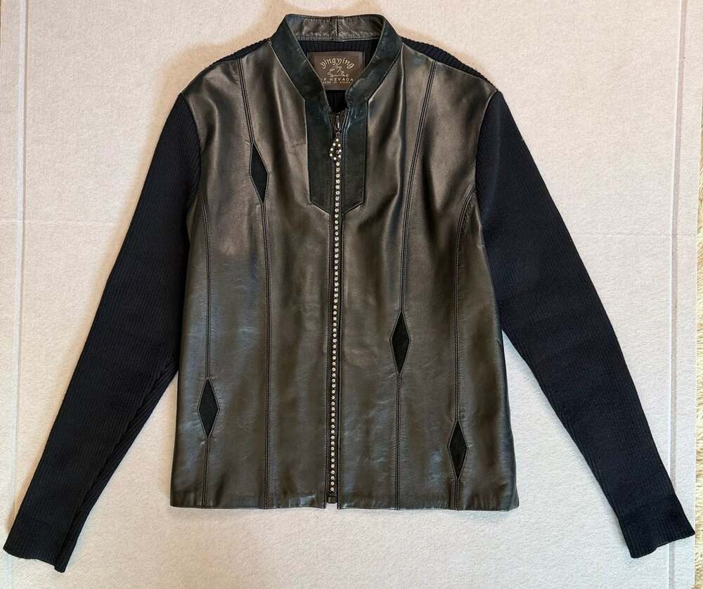 Ying Ying of Nevada Women’s Black Leather Knit Rhinestone Jacket Small
